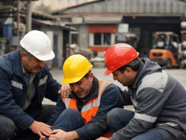 İş kazası geçiren işçi, düştükten sonra yaralanıyor ve iş arkadaşları ona yardıma geliyor