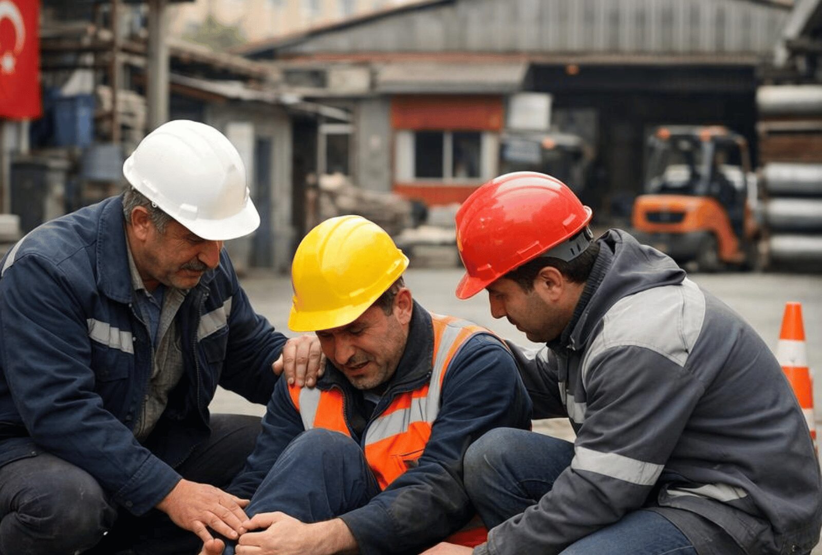 İş kazası geçiren işçi, düştükten sonra yaralanıyor ve iş arkadaşları ona yardıma geliyor